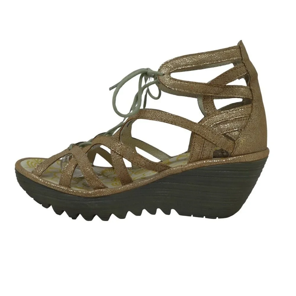 Fly London Yuke Wedge Sandals Women 38 Gold Metallic Lace Up Gladiator